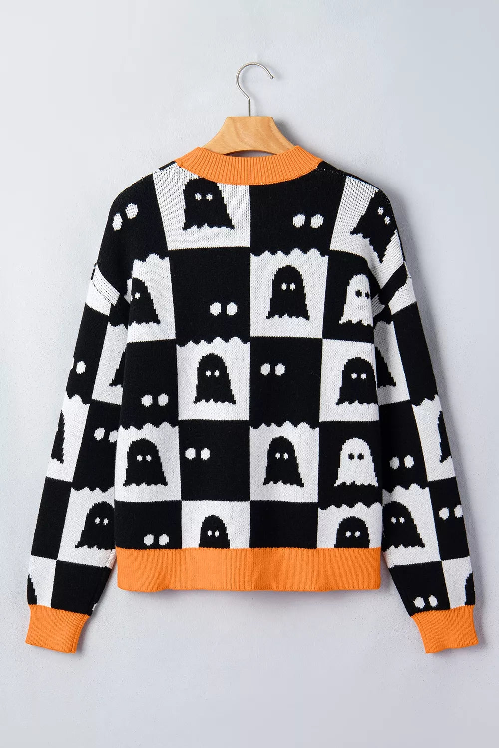 Halloween Ghost Pattern Checkerboard Sweater - Lilixa.store