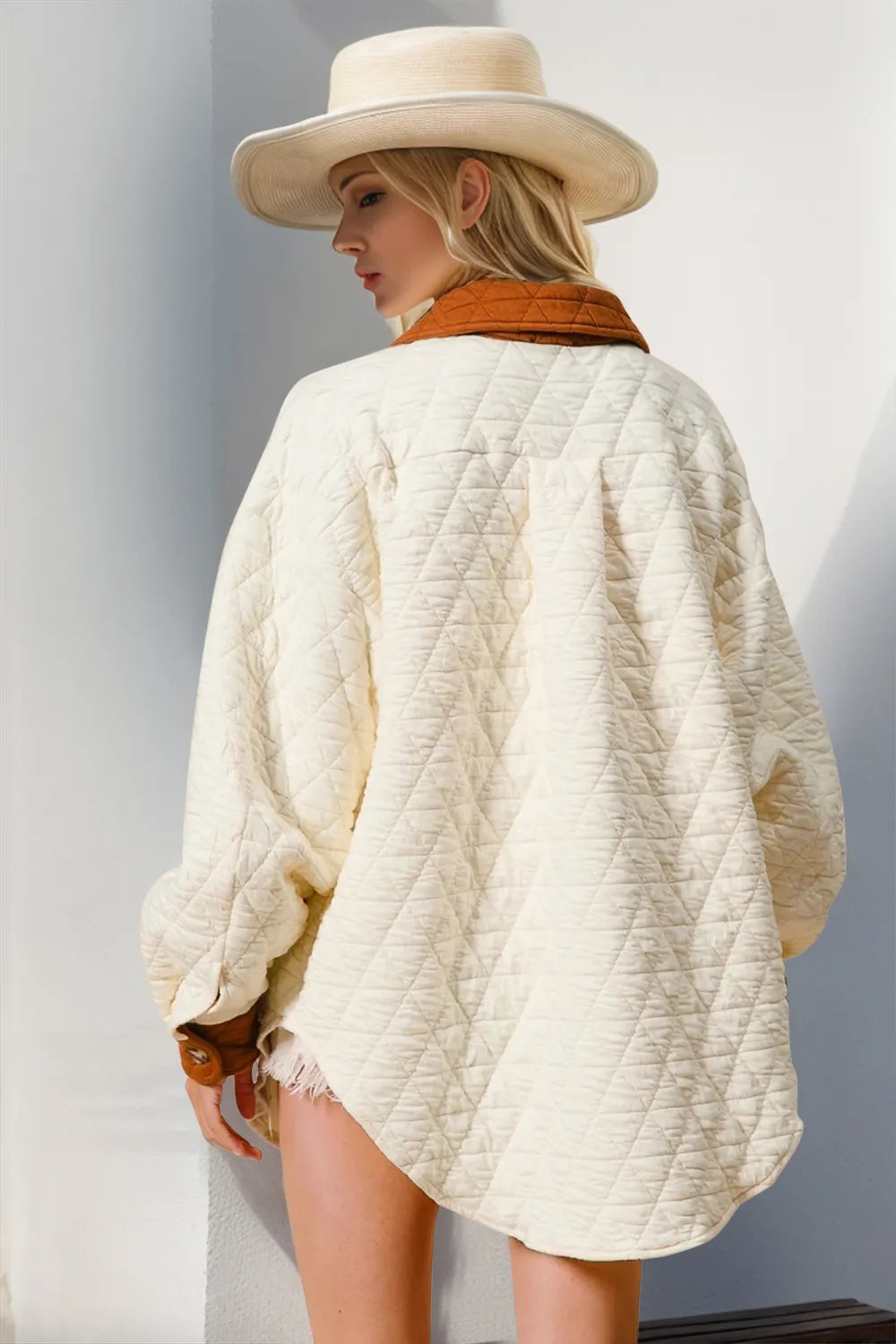 Double Take Full Size Contrast Button Up Quilted Shacket in Cream, view 2