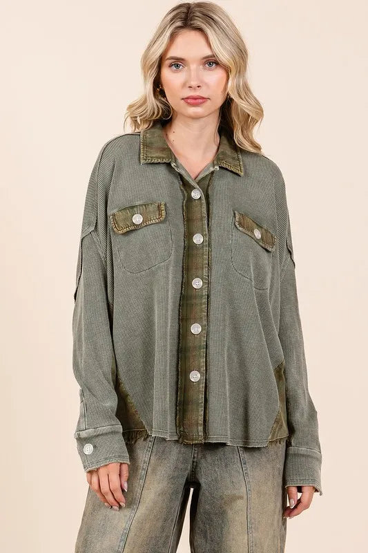 Mittoshop Mineral Washed Plaid Button Down Shacket in Olive, view 3