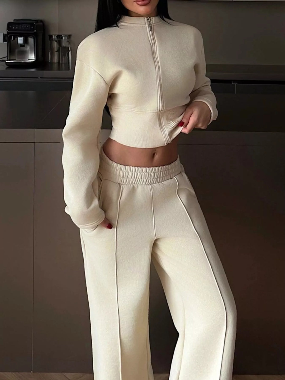 Zip-Up Crop Jacket and Wide-Leg Pants Set - Lilixa.store