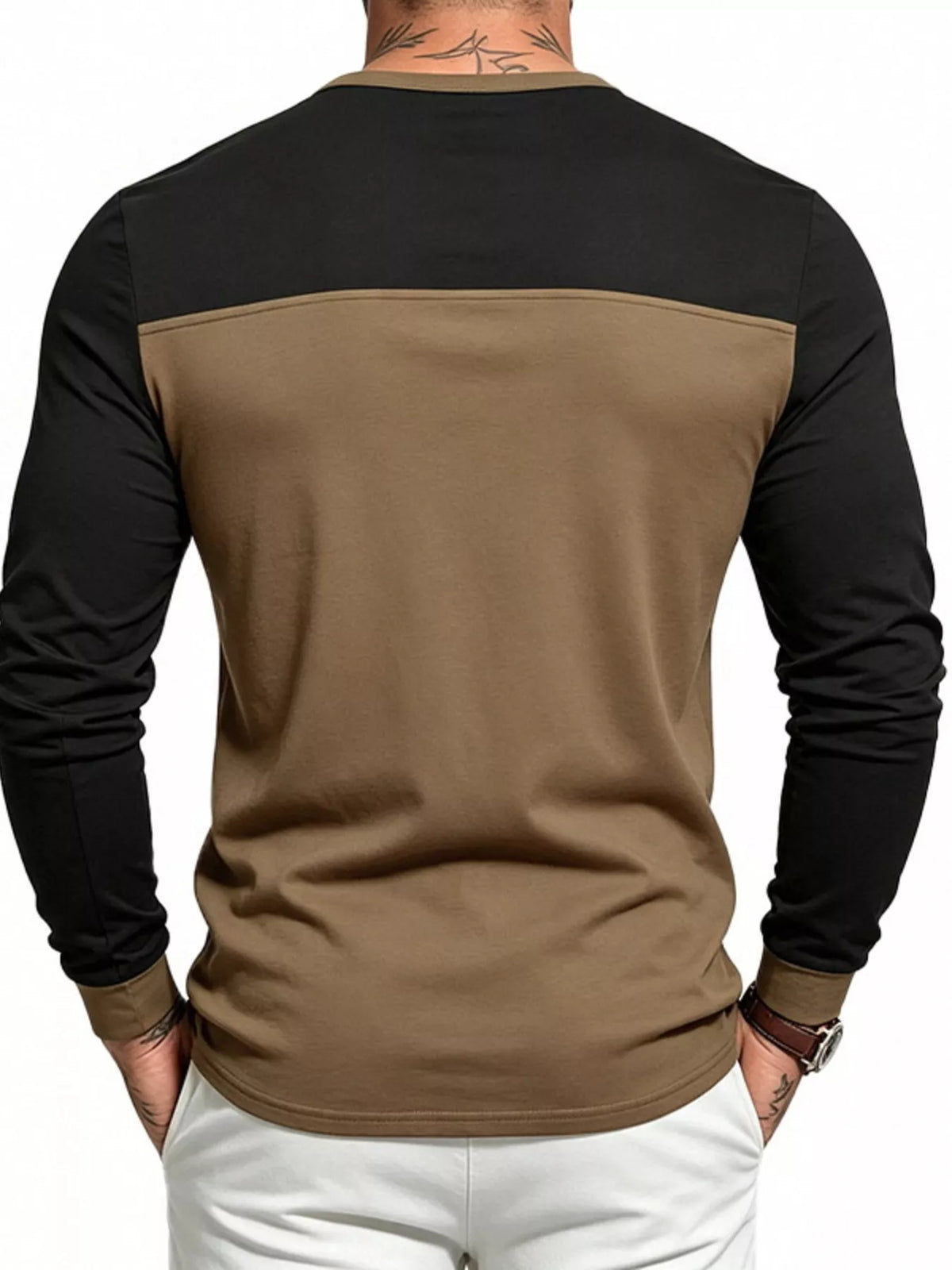 Men's Full Size Color-Block Long Sleeve Henley T-Shirt Plus Size - Lilixa.store