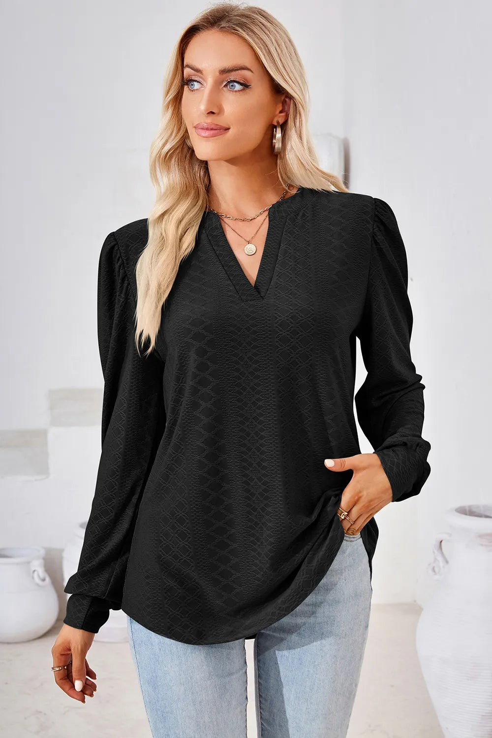 Notched Long Sleeve T-Shirt - Lilixa.store