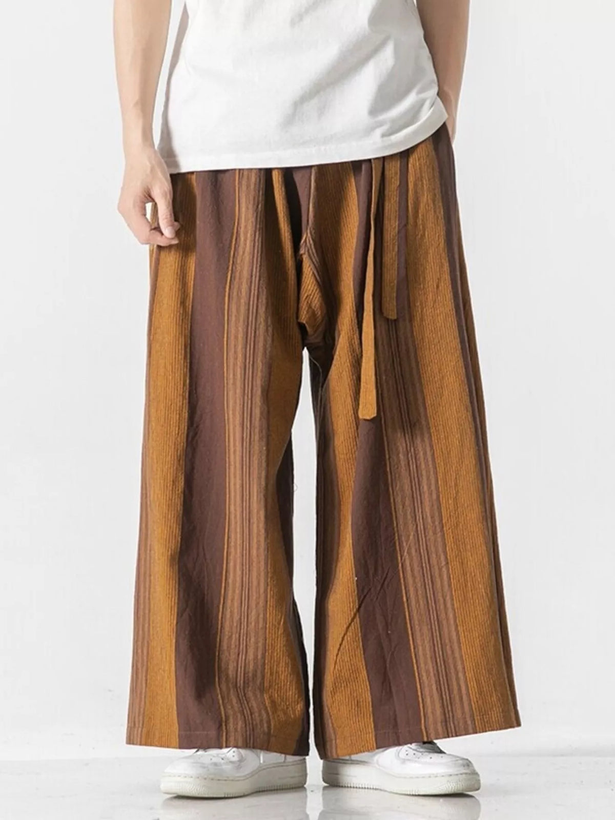 Men's Plus Size Striped Wide Leg Casual Pants in Mustard