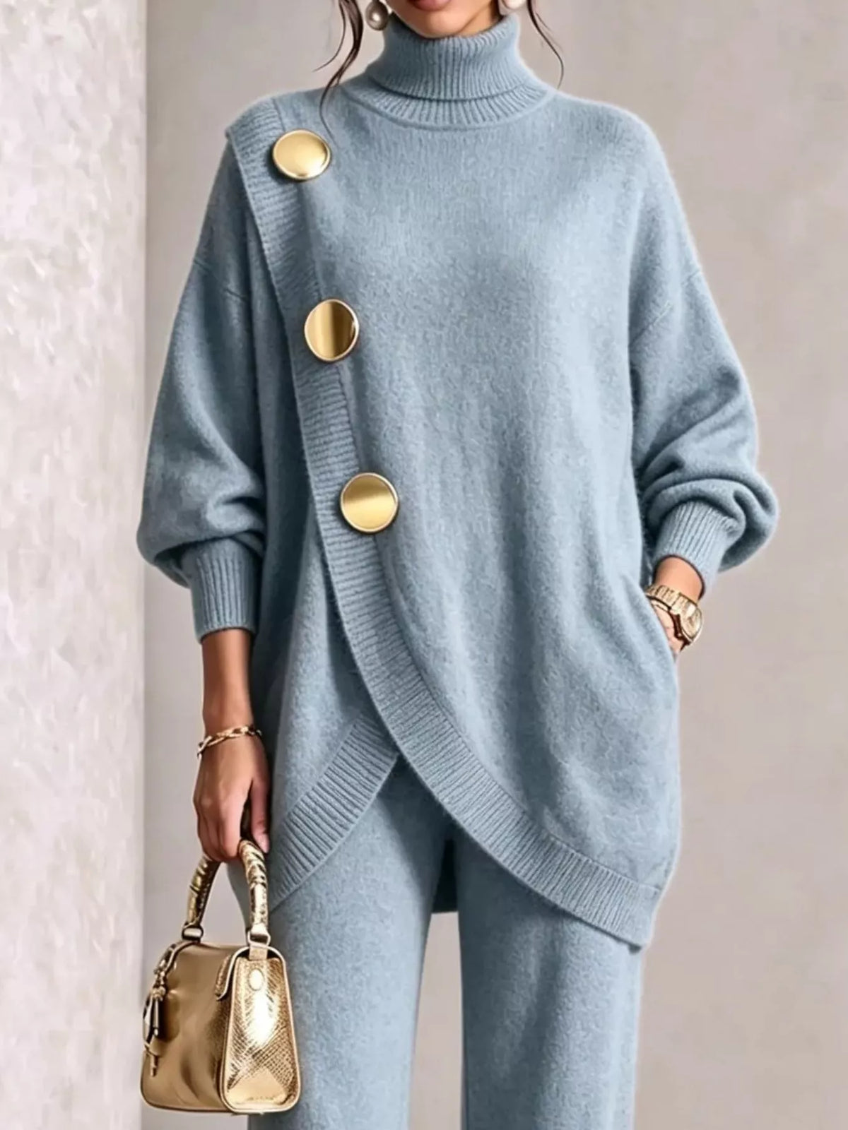 Gold Button Accent Turtleneck Sweater and Pants Set, view 3