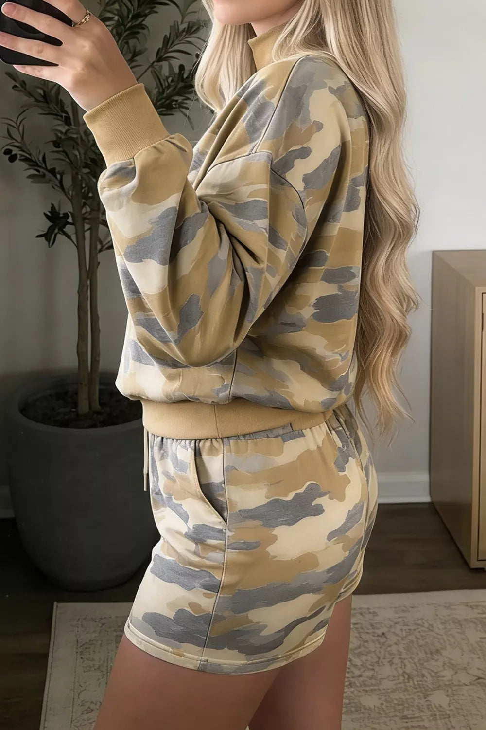 Camouflage Print Long Sleeve Top Drawstring Shorts Set