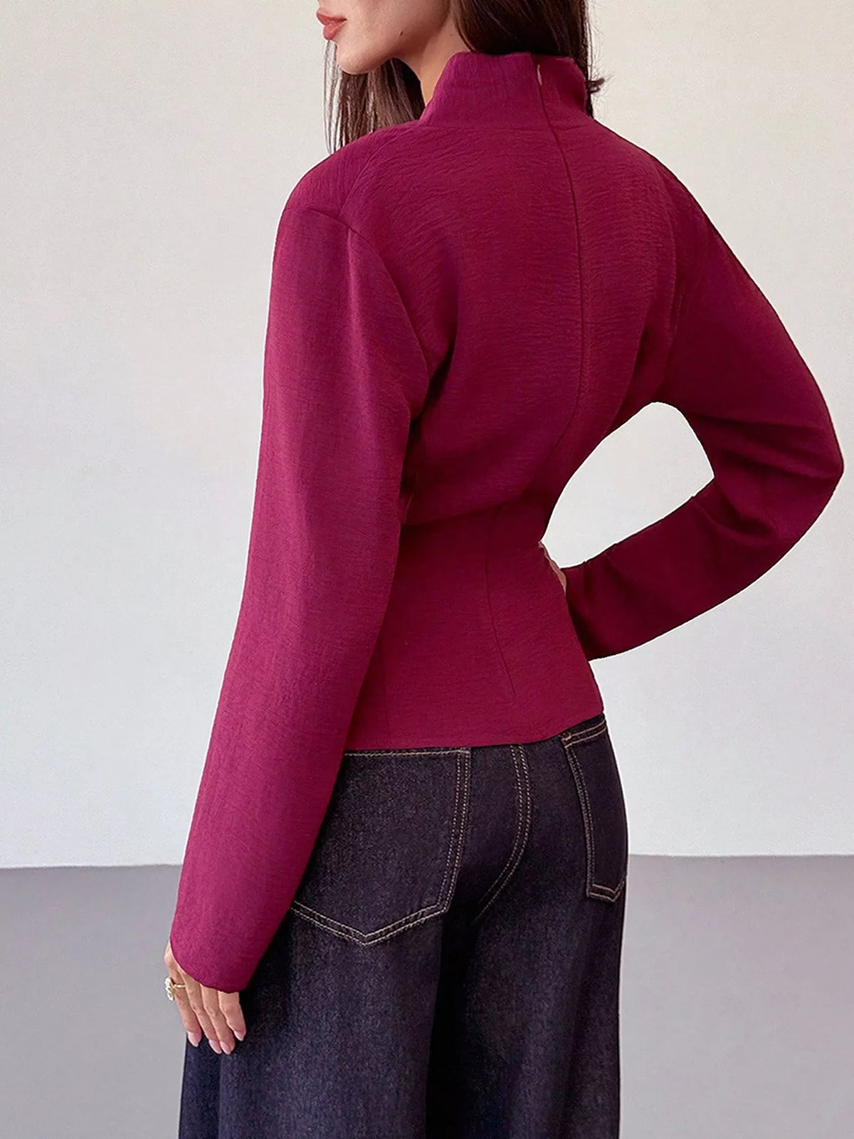 Wrap-Front Long Sleeve Blouse - Lilixa.store
