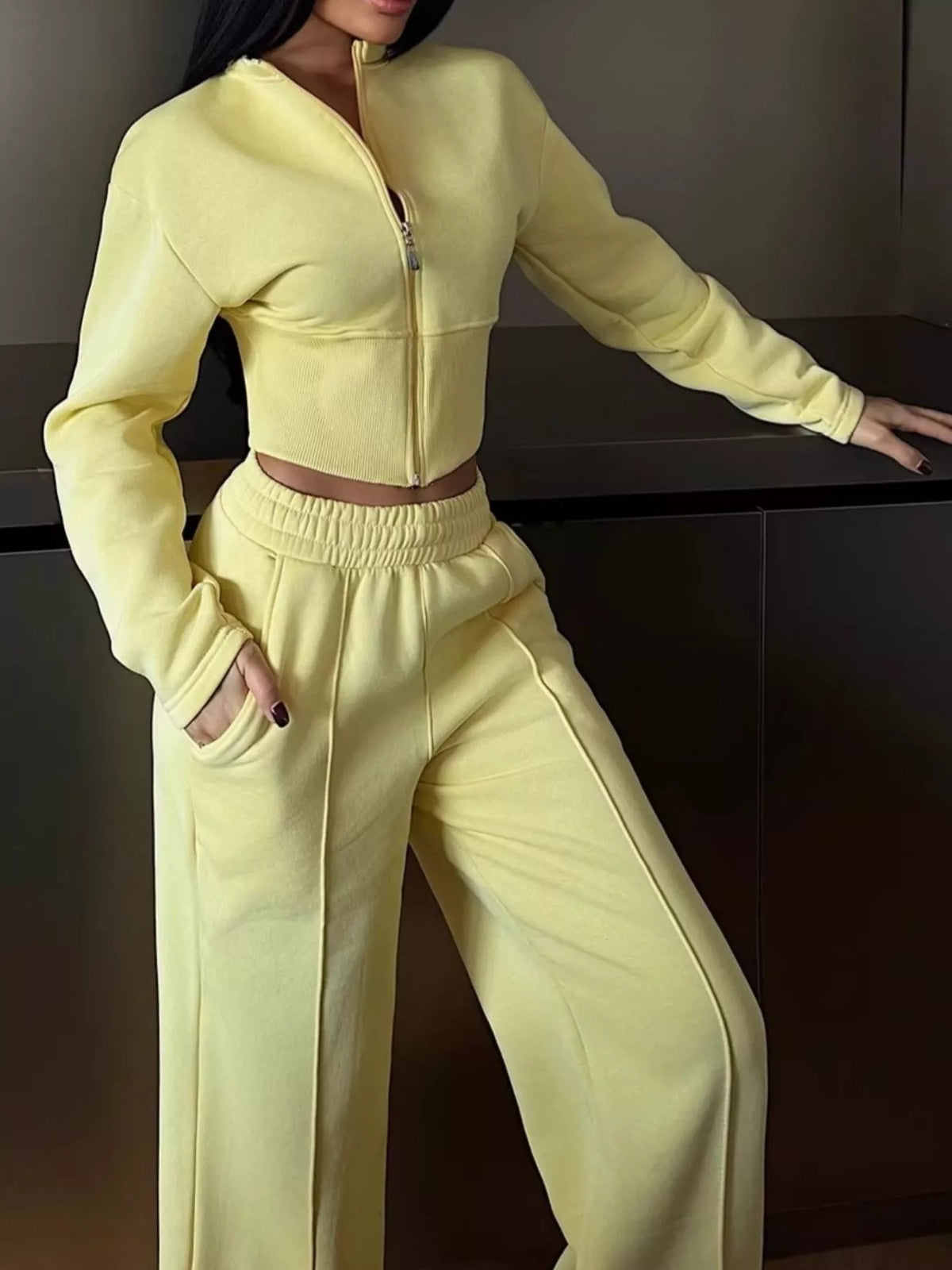 Zip-Up Crop Jacket and Wide-Leg Pants Set - Lilixa.store