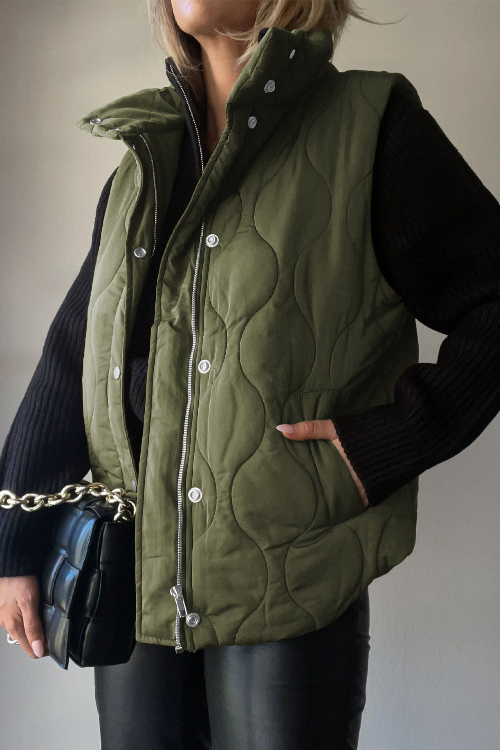 Collared Neck Vest with Pockets in Matcha Green