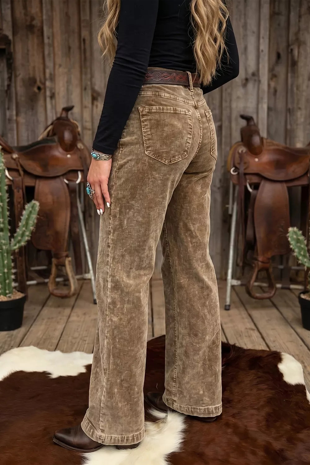 Straight Leg Corduroy Metal Button Zip-up Pants