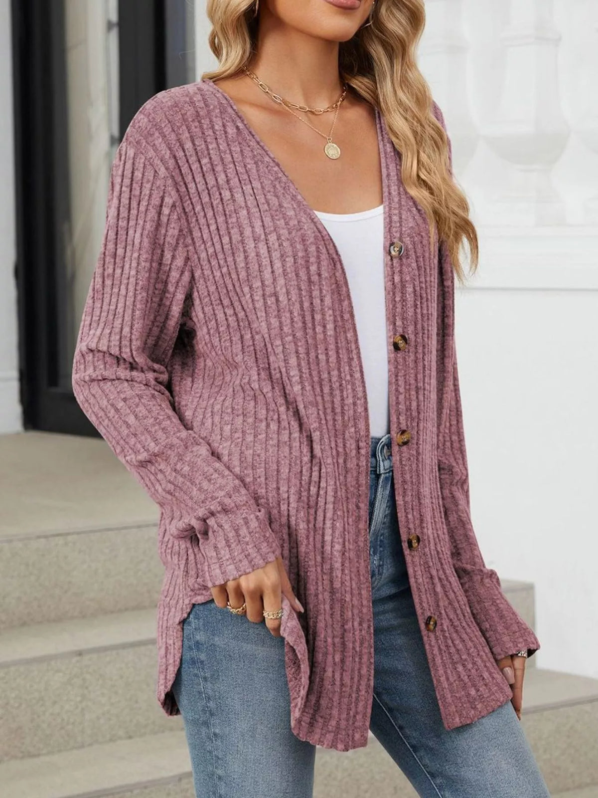 Ribbed Button-Up Cardigan - Lilixa.store