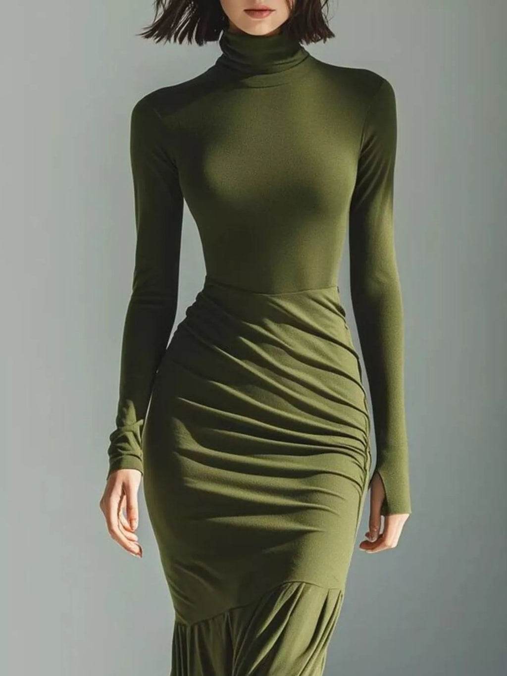 Full Size Slit Turtleneck Ruched Bodycon Mermaid Dress Plus Size - Lilixa.store