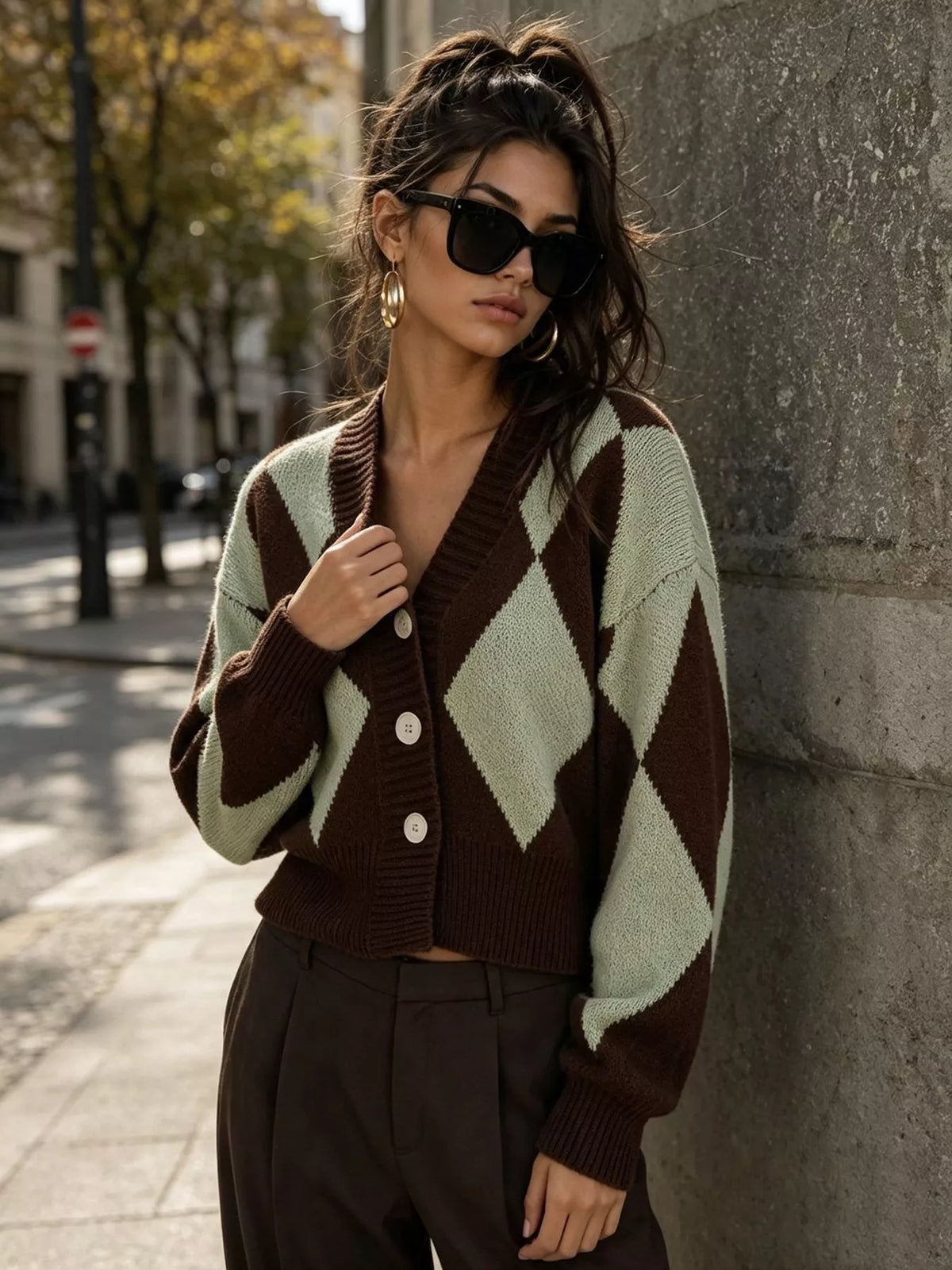 Argyle Pattern V-Neck Button-Down Cardigan, view 7