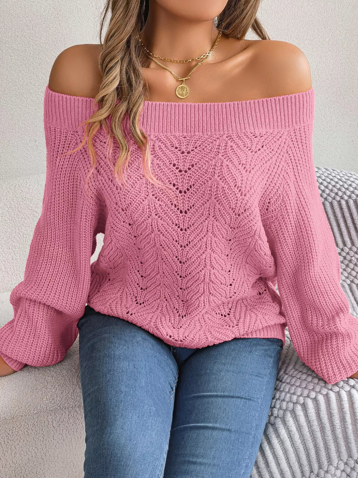 Openwork Off-Shoulder Sweater