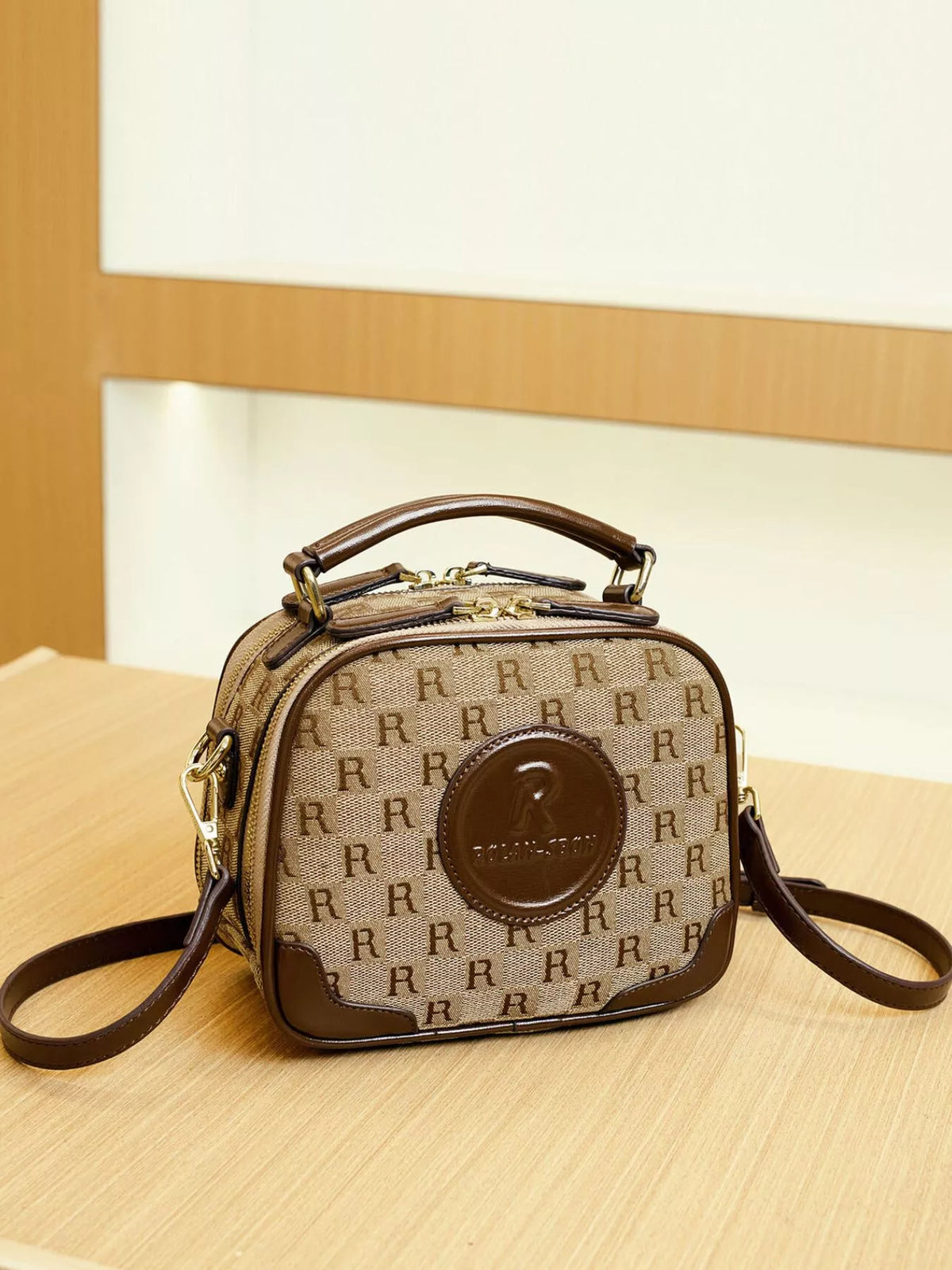 Monogram Pattern Crossbody Handbag with Top Handle in Camel, view 8