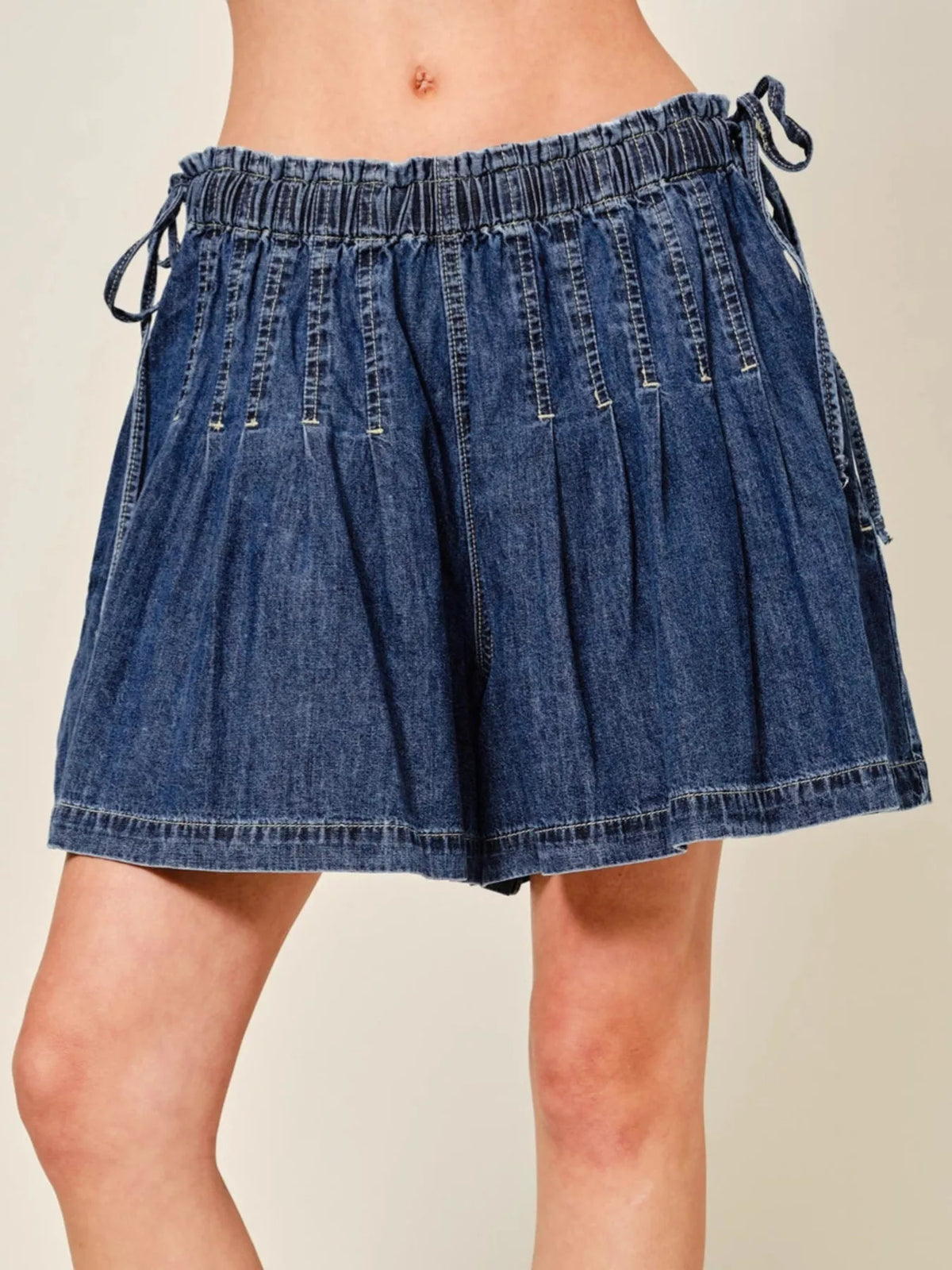 Pleated Elastic Waist Denim Shorts - Lilixa.store