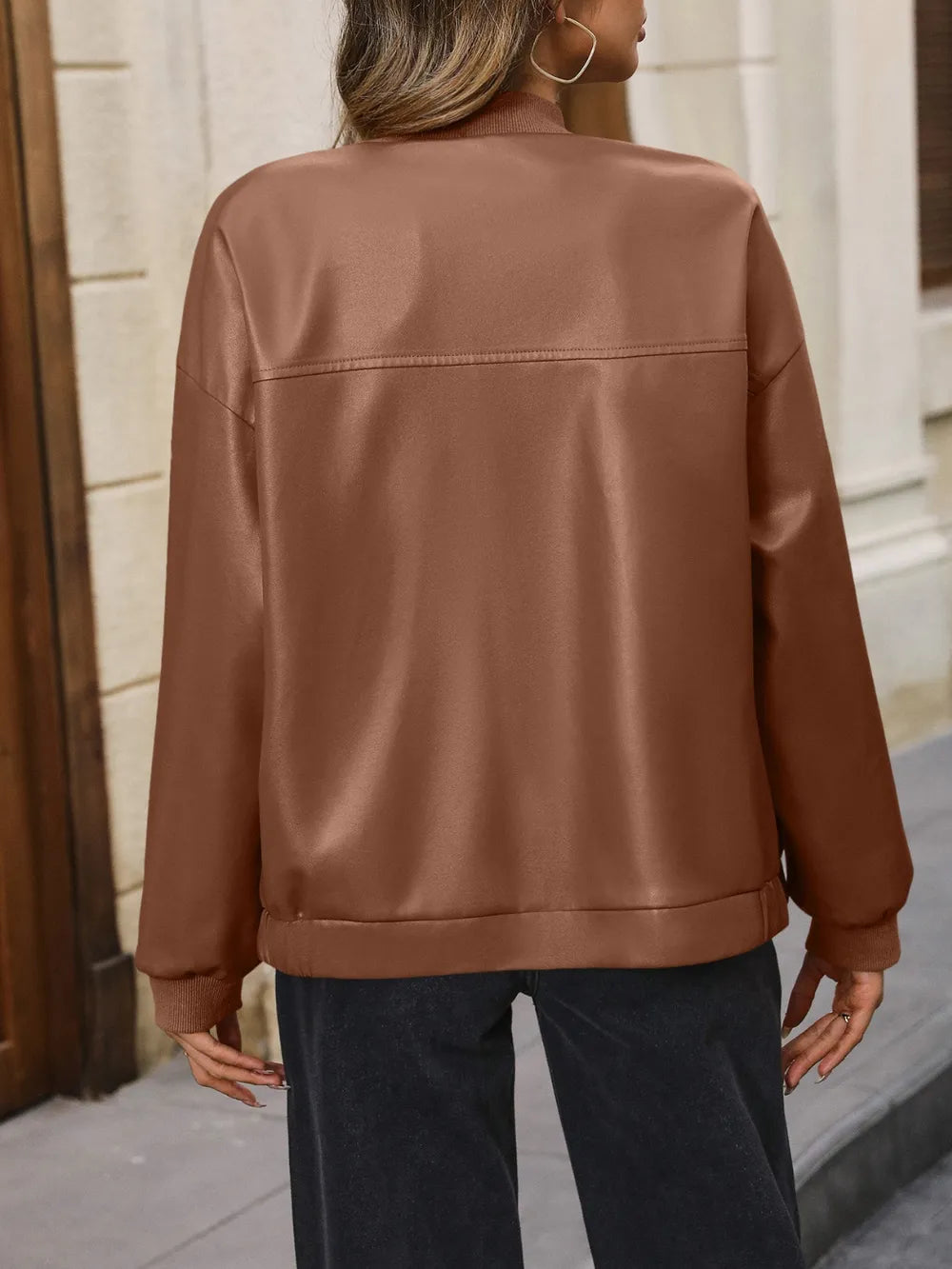 Ivy Lane Zip Up Baseball Collar Dropped Shoulder Jacket, view 6