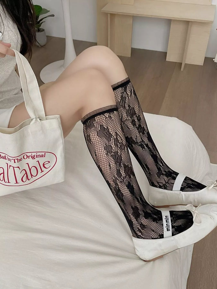 Lace Fishnet Mid-Calf Socks in Black