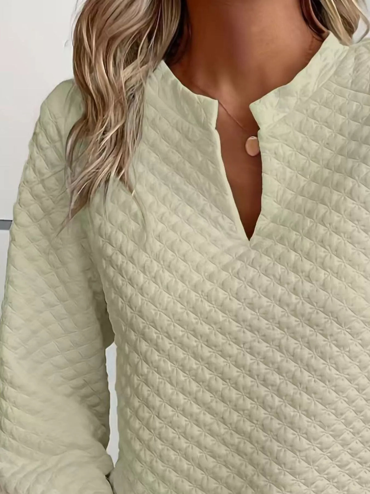 Quilted Texture Long Sleeve Sweatshirt with Notched Neck - Lilixa.store