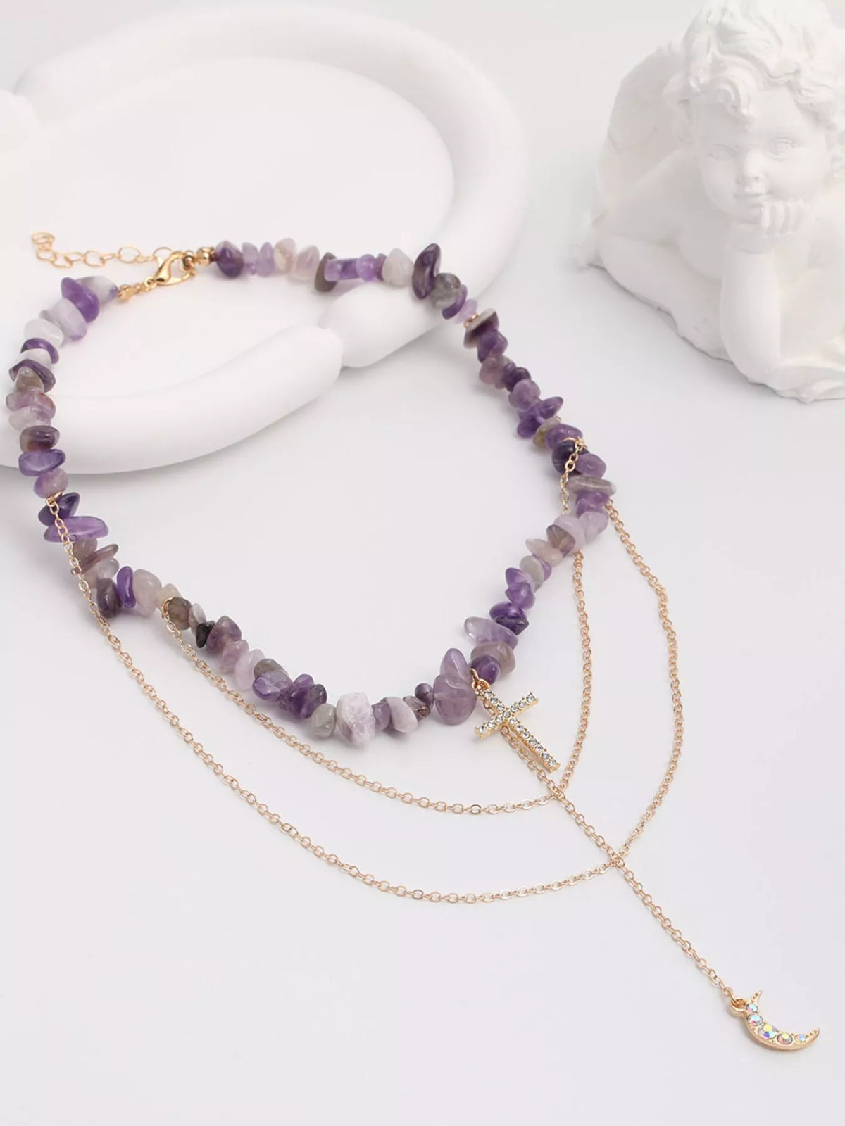Layered Cross and Moon Pendant Necklace in Lavender, view 5