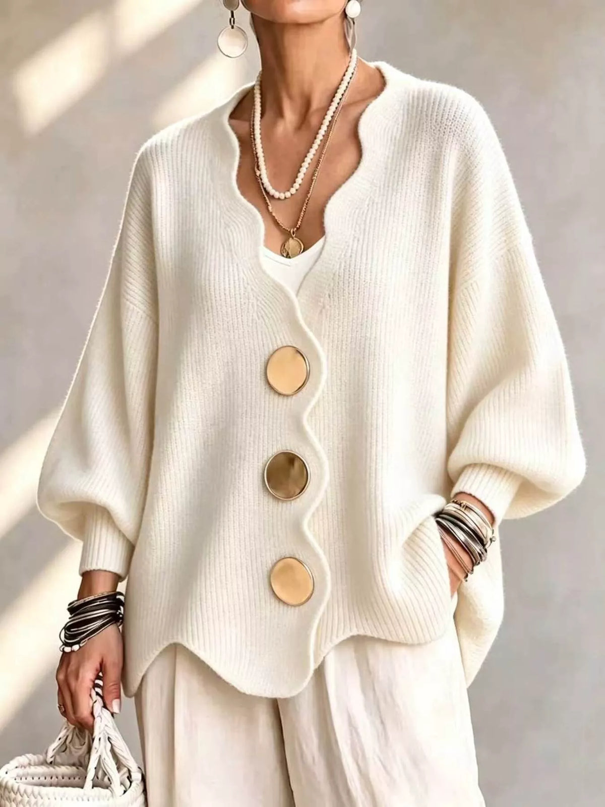 Full Size Scalloped-Edge Oversized Button-Down Cardigan Plus Size