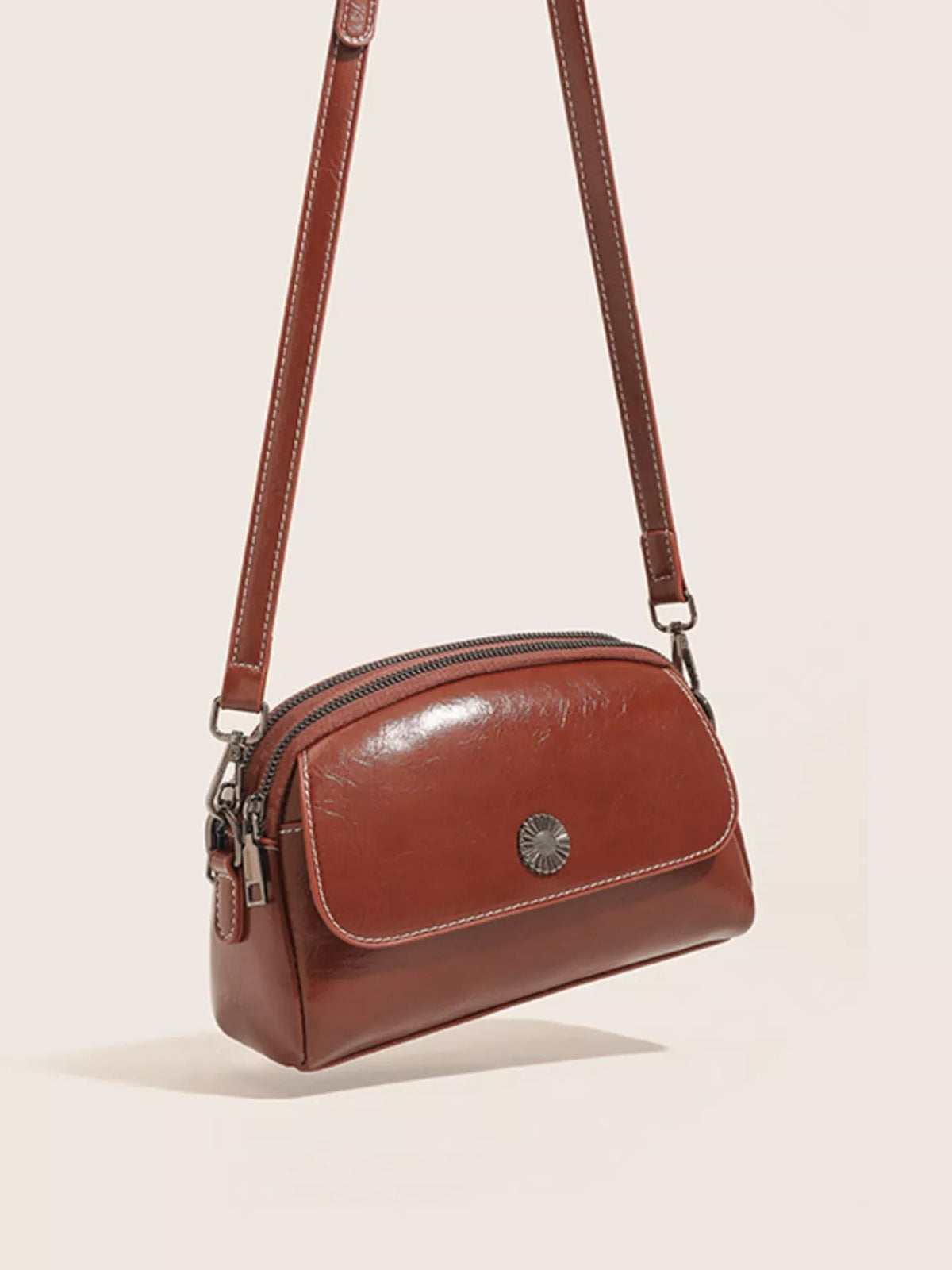PU Leather Crossbody Bag with Metal Emblem Detail in Brown, view 8