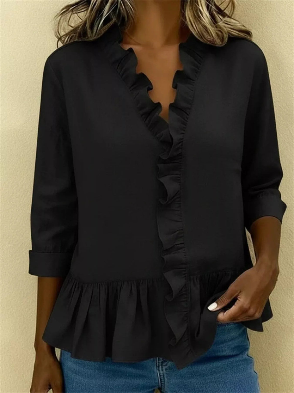Full Size Ruffled V-Neck Long Sleeve Blouse Plus Size - Lilixa.store
