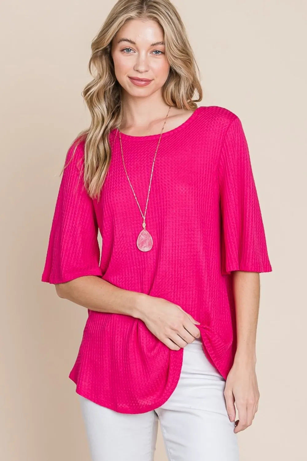 BOMBOM Round Neck Waffle Knit T-Shirt - Lilixa.store