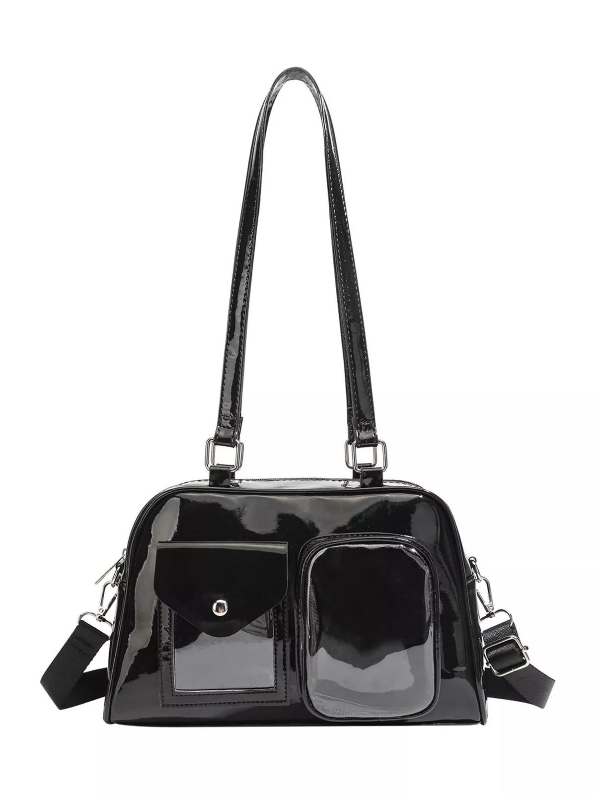 Glossy Patent Leather Multi-Pocket Shoulder Bag in Black, view 7