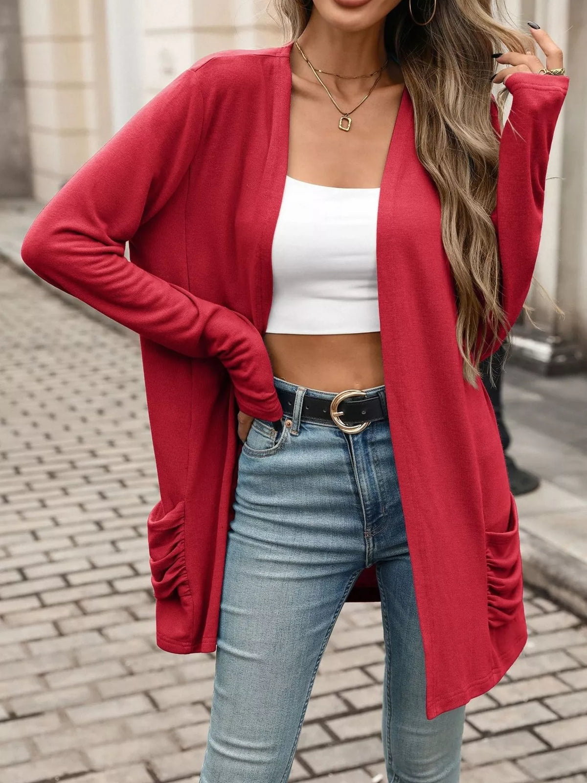 Ruched Pocket Open Front Cardigan - Lilixa.store