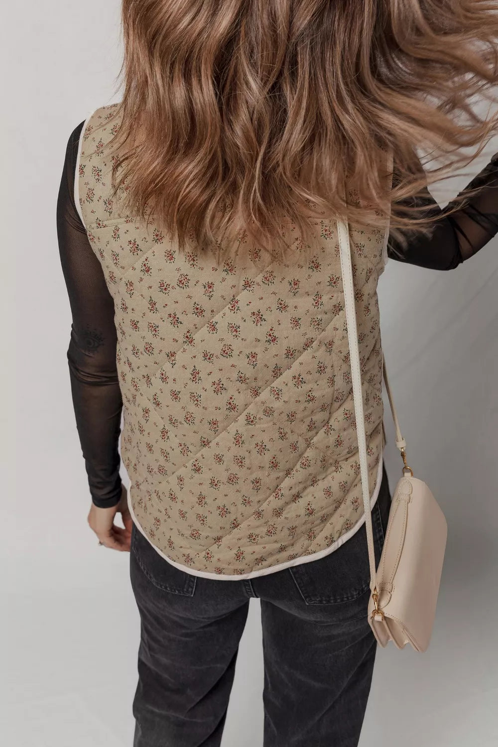 Floral Print Quilted Concealed Button Vest - Lilixa.store