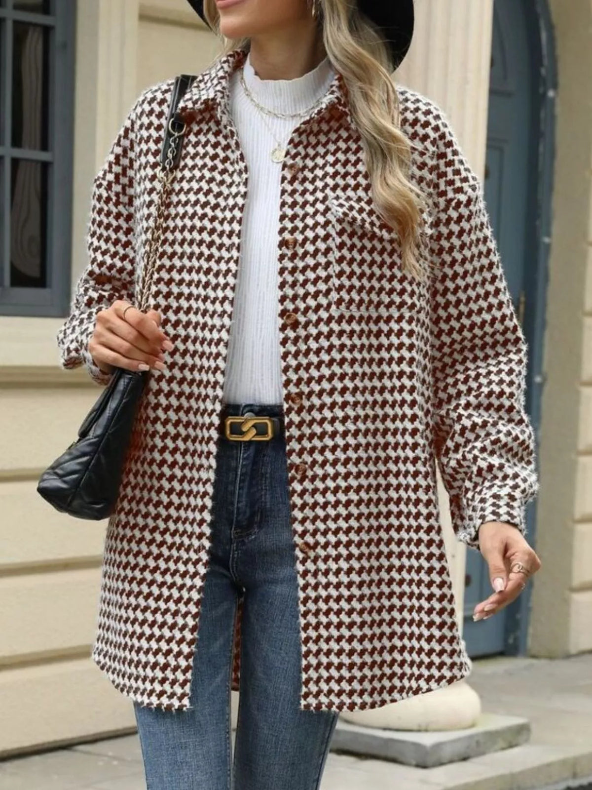 Houndstooth Button Up Long Sleeve Coat, view 15