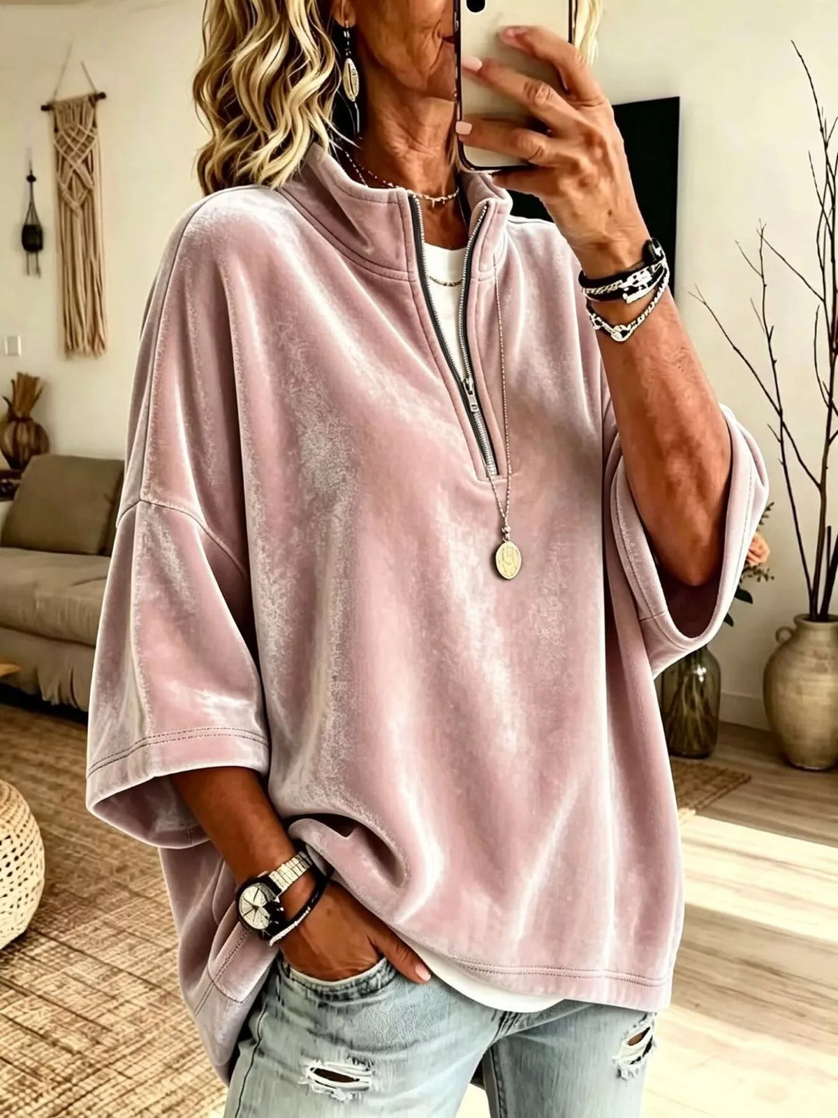 Full Size Velvet Quarter-Zip Sweatshirt Plus Size in Pink