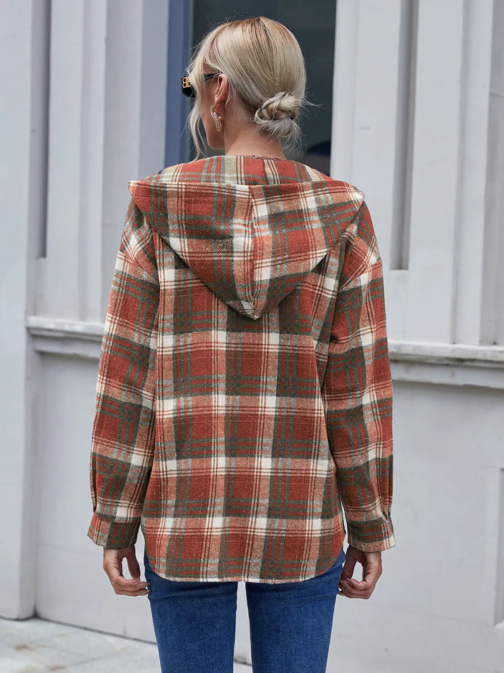 Ivy Lane Plaid Button Up Long Sleeve Hooded Jacket, view 6