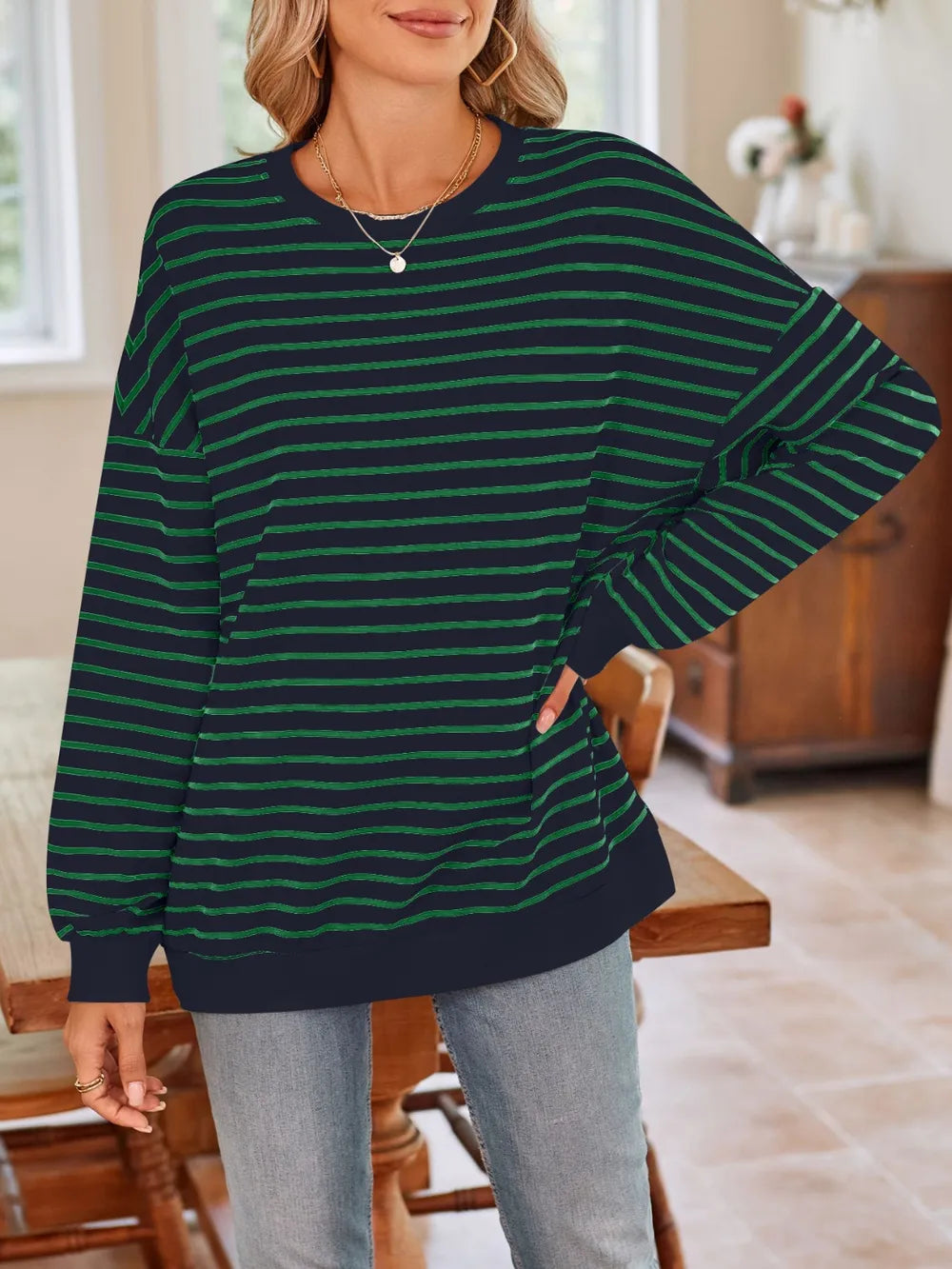 Lovelet Striped Round Neck Long Sleeve Sweatshirt, view 26