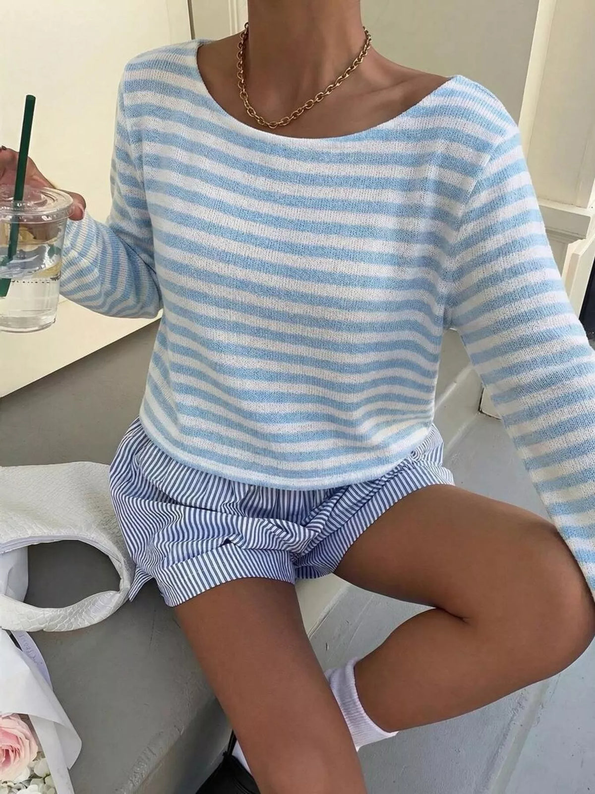 Boat Neck Striped Long Sleeve T-Shirt