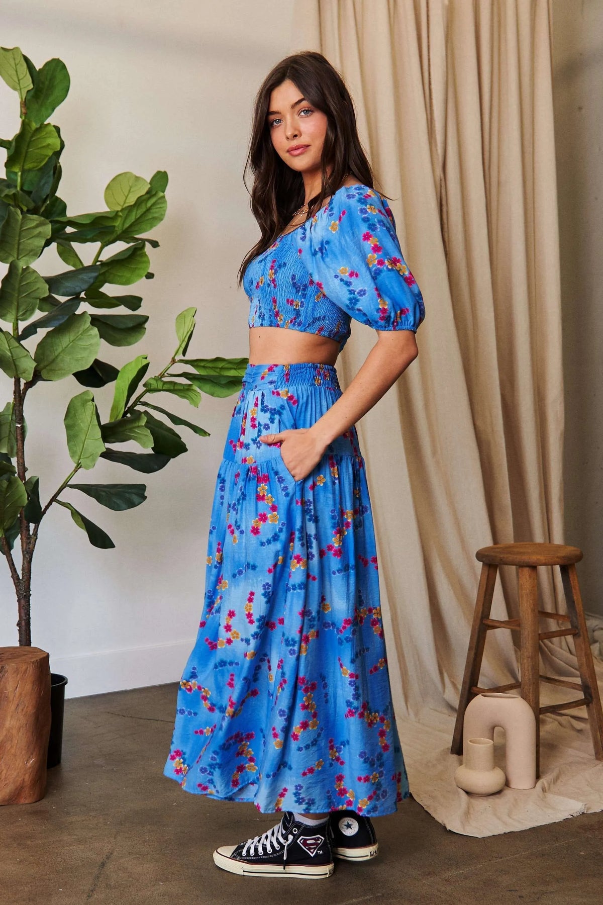 Davi & Dani Printed Smocking Waistband Ruffled Maxi Skirt - Lilixa.store