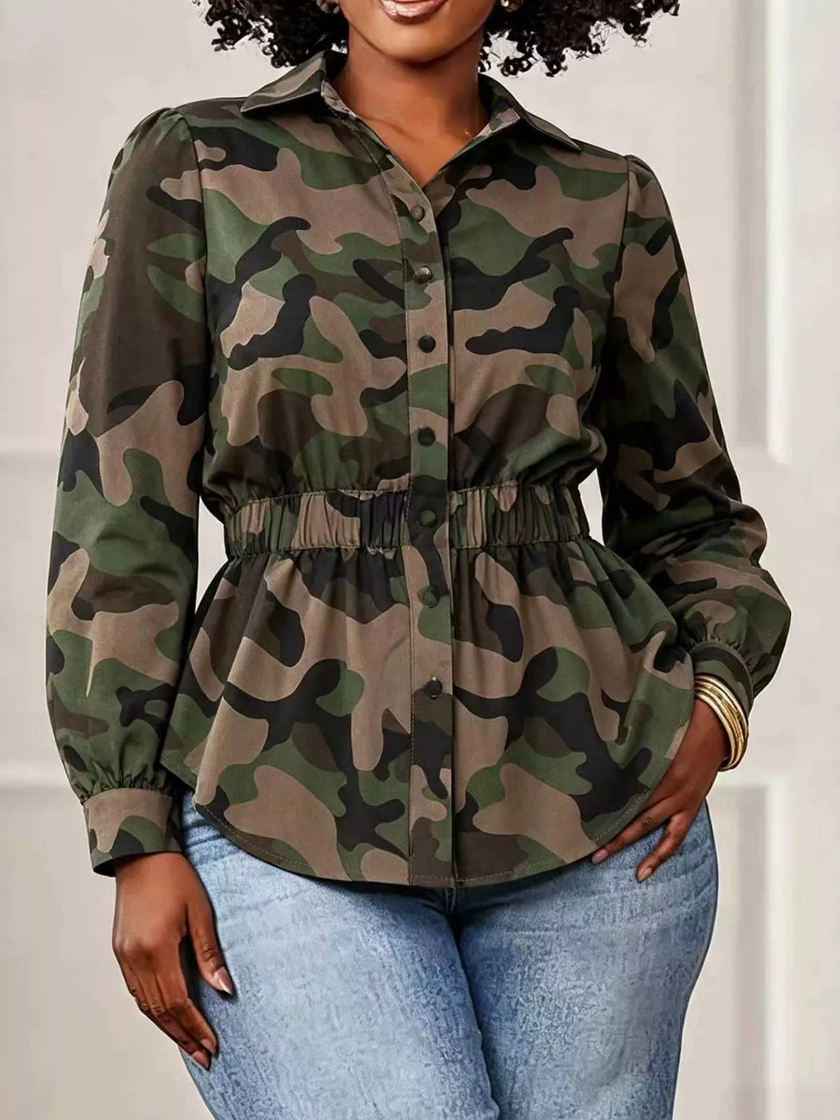 Camouflage Button Front Long Sleeve Blouse - Lilixa.store