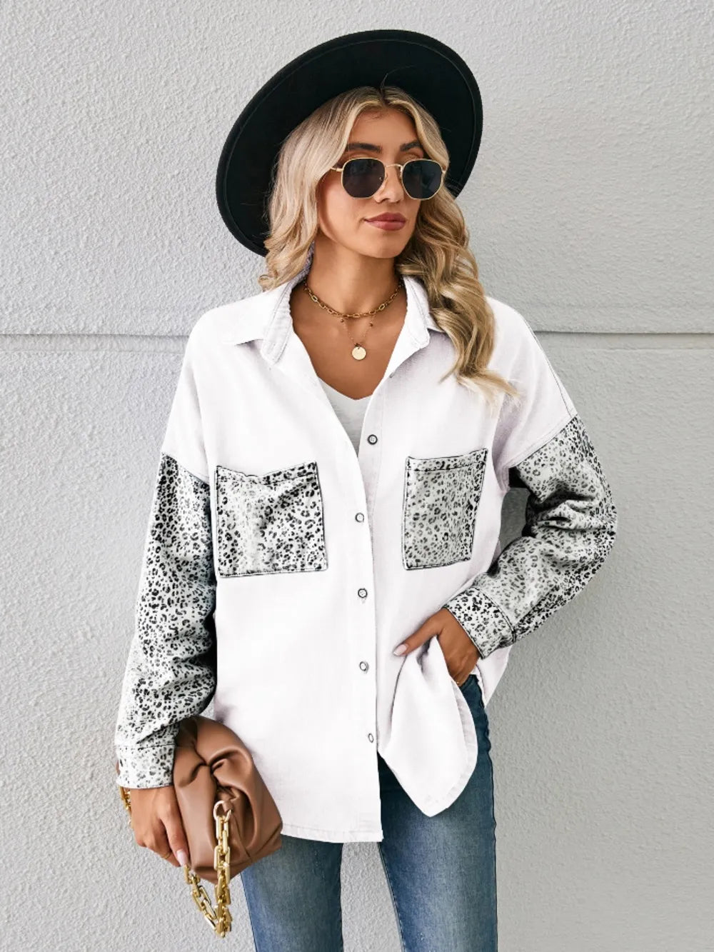 Leopard Button Up Denim Jacket in White
