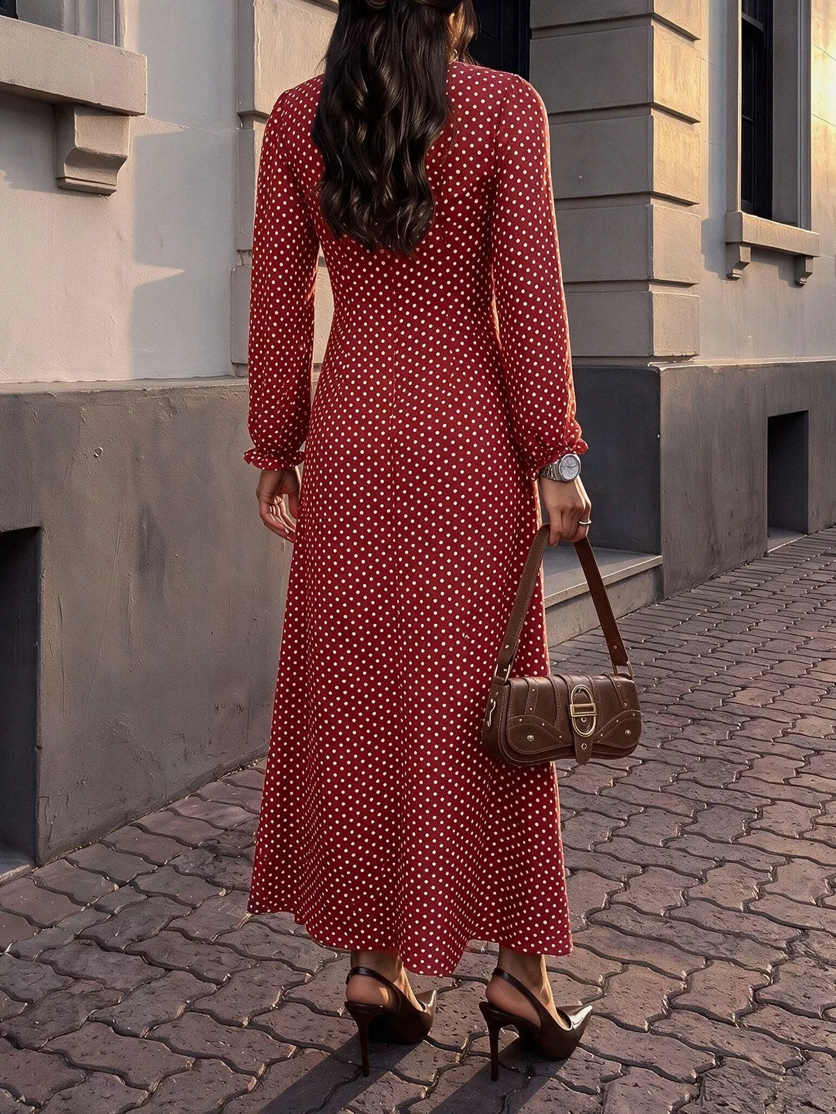 Square Neck Polka Dot Long Sleeve Maxi Dress - Lilixa.store