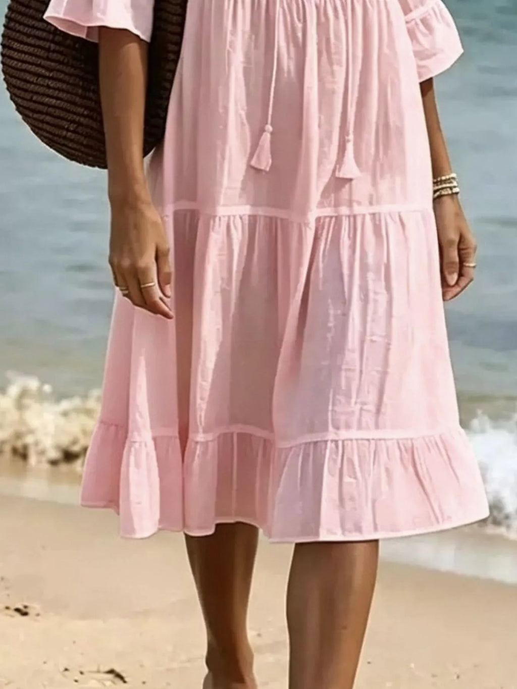 Full Size Tiered Tie Neck Flounce Sleeve Dress Plus Size - Lilixa.store