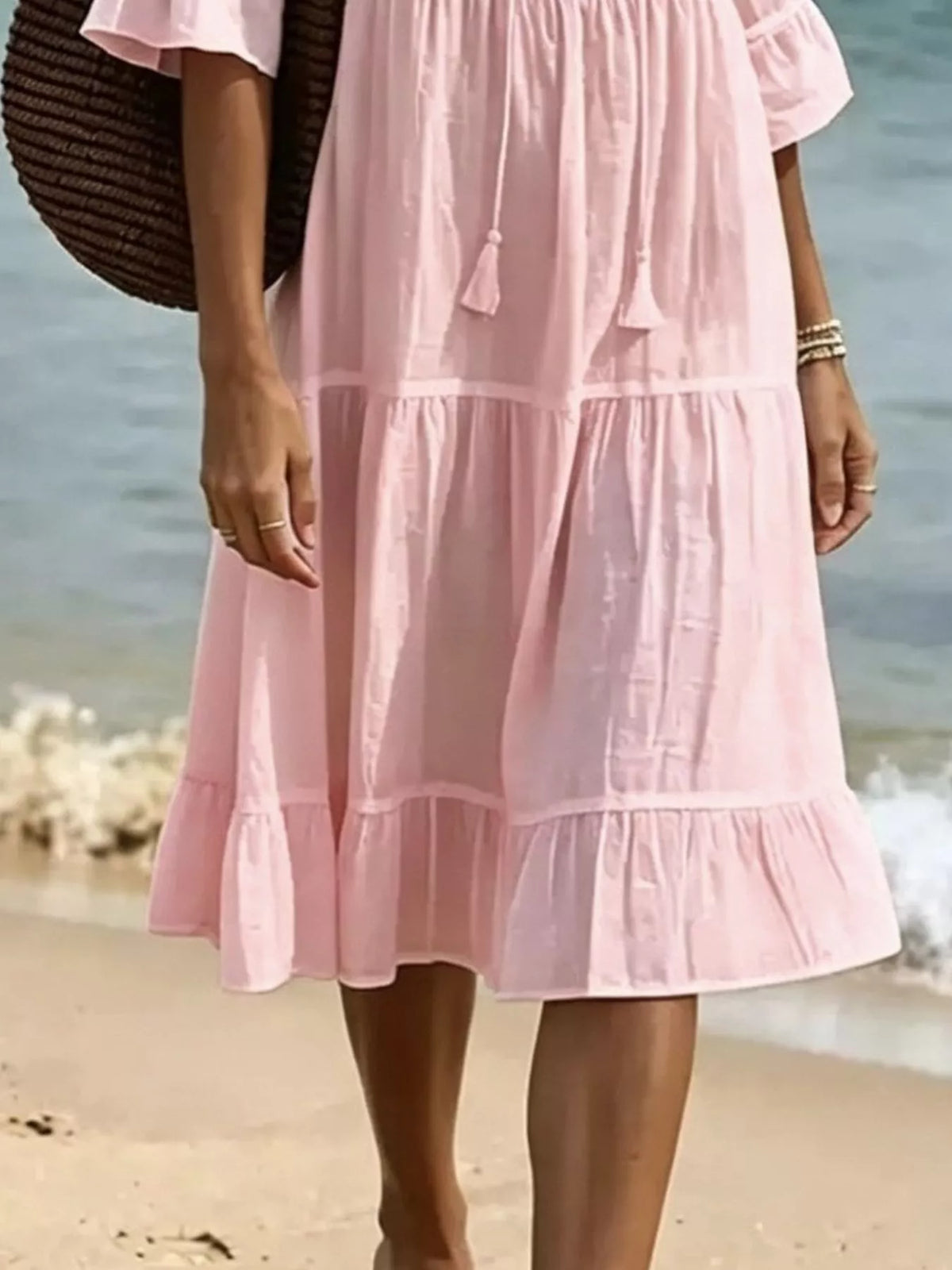 Full Size Tiered Tie Neck Flounce Sleeve Dress Plus Size - Lilixa.store