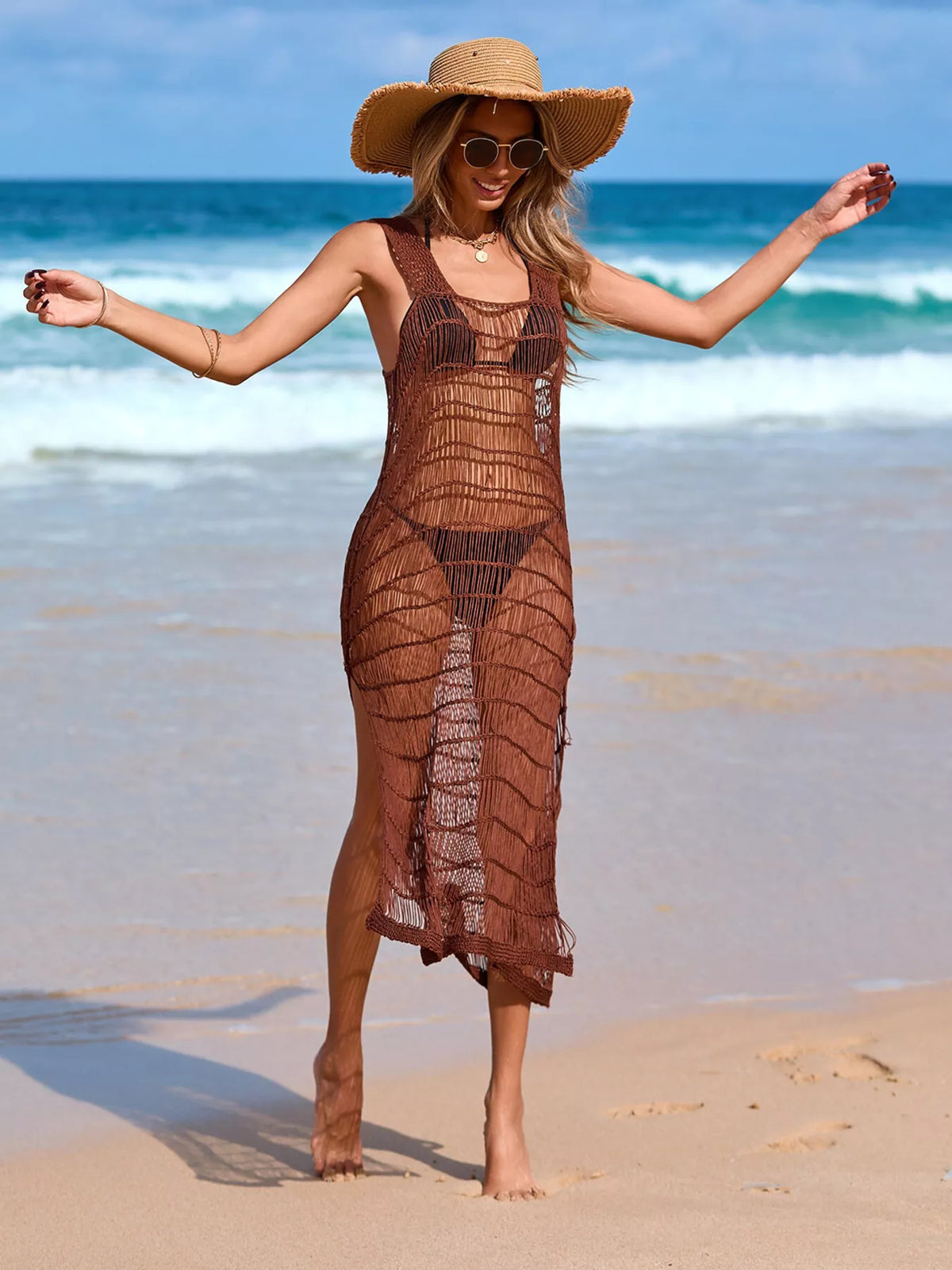 Sleeveless Crochet Knit Slit Cover-Up Dress - Lilixa.store