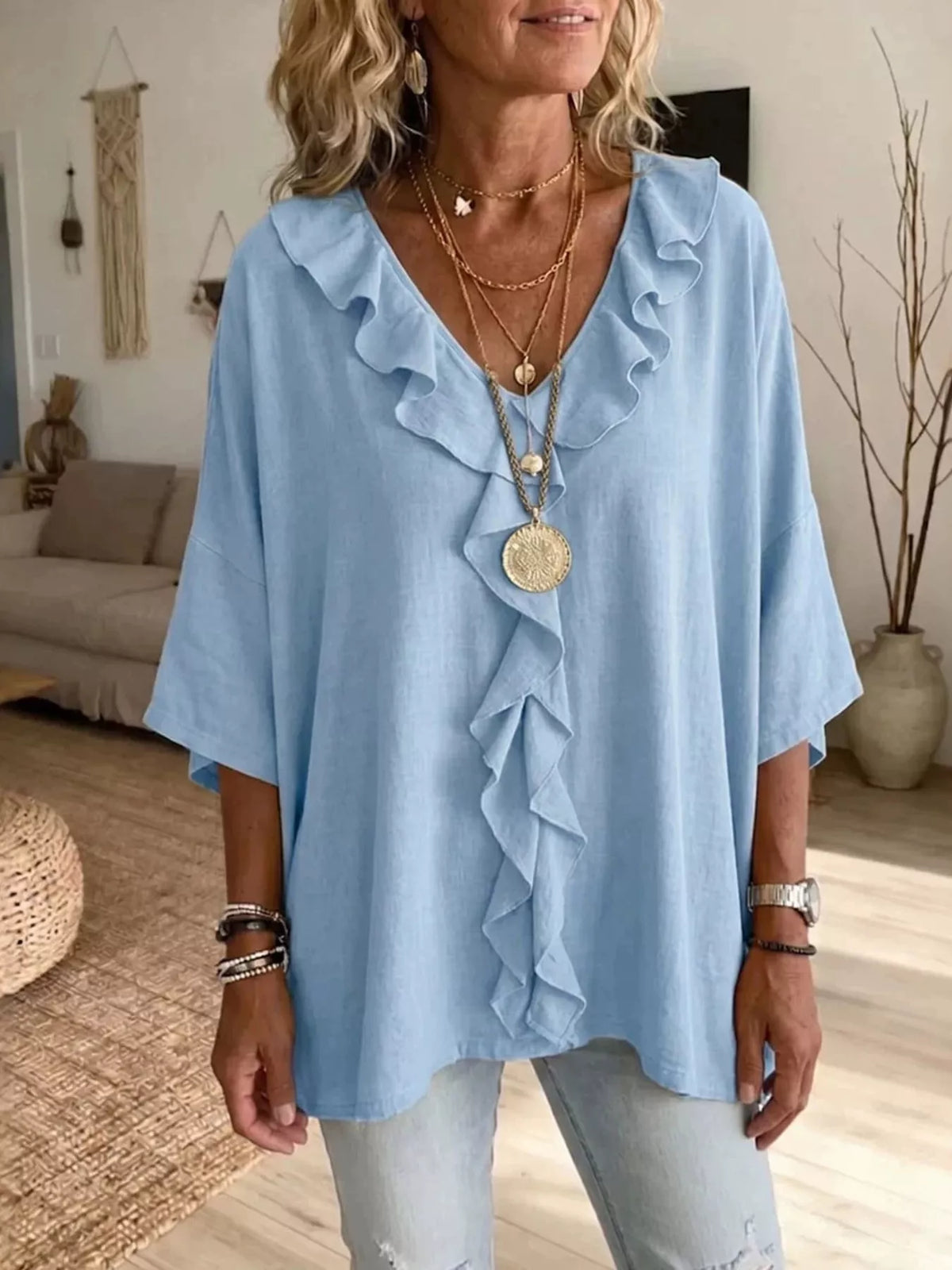Full Size Ruffled V-Neck 3/4 Sleeve Blouse Plus Size in Light Blue