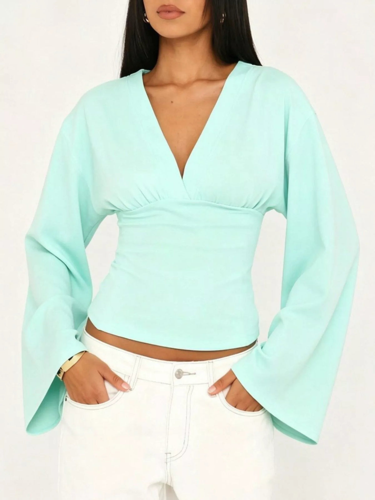 V-Neck Flare Sleeve Blouse - Lilixa.store
