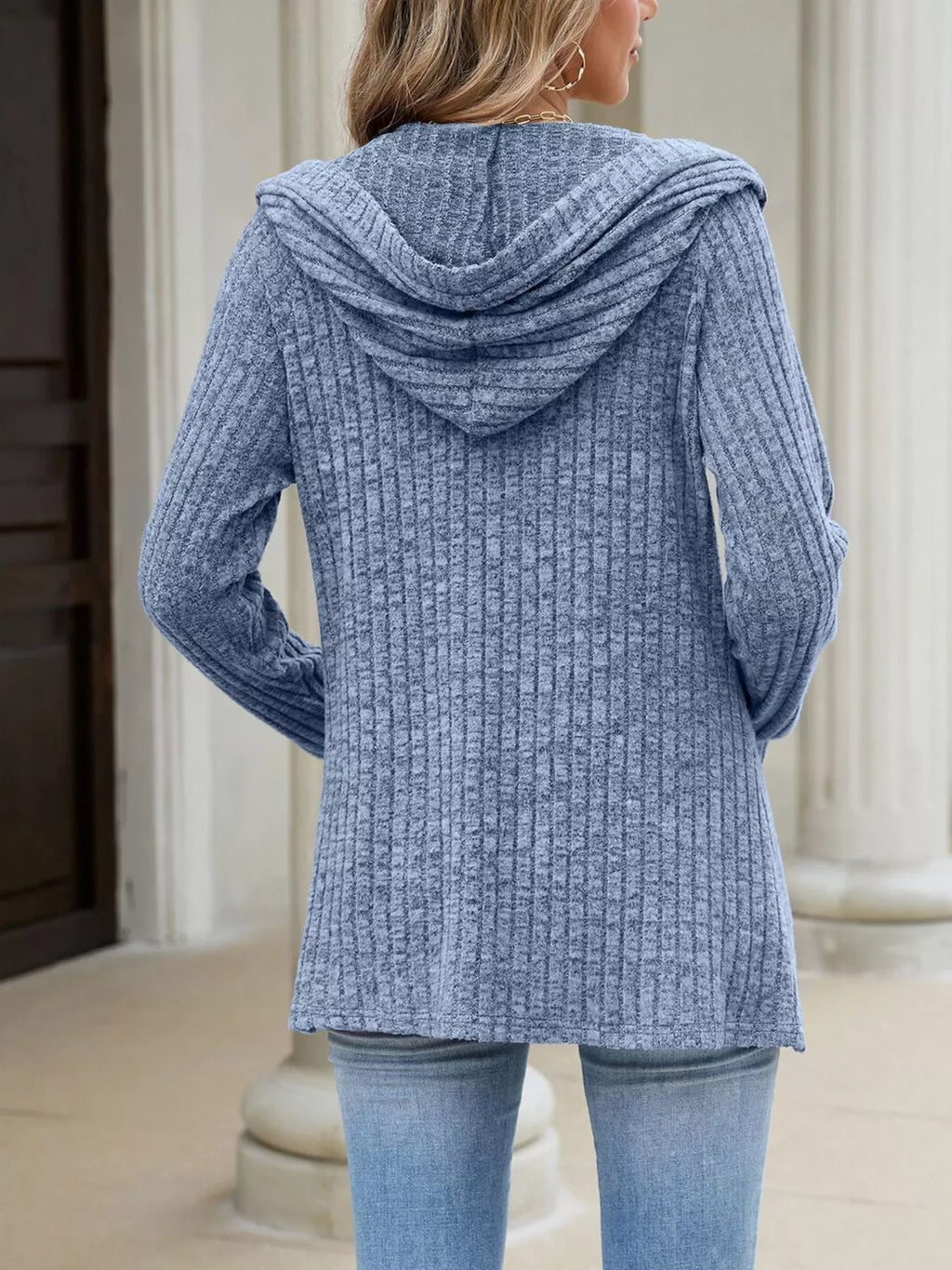 Ribbed Knit Hooded Button-Down Cardigan - Lilixa.store