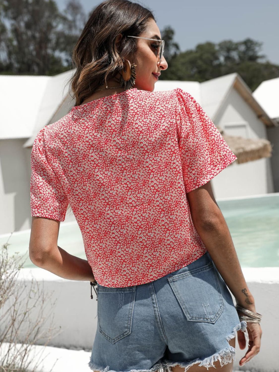Floral Drawstring Deep V Cropped Blouse, view 4