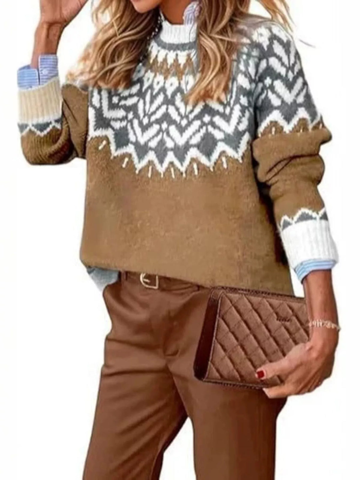 Full Size Fair Isle Patterned Long Sleeve Sweater Plus Size