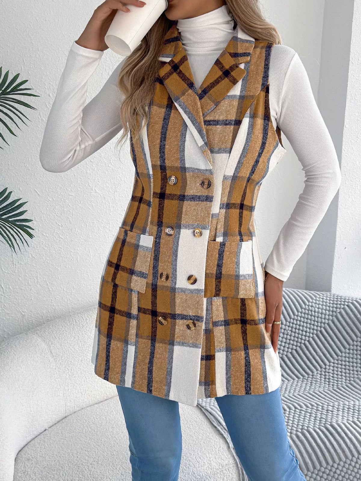 Plaid Double-Breasted Vest Coat - Lilixa.store