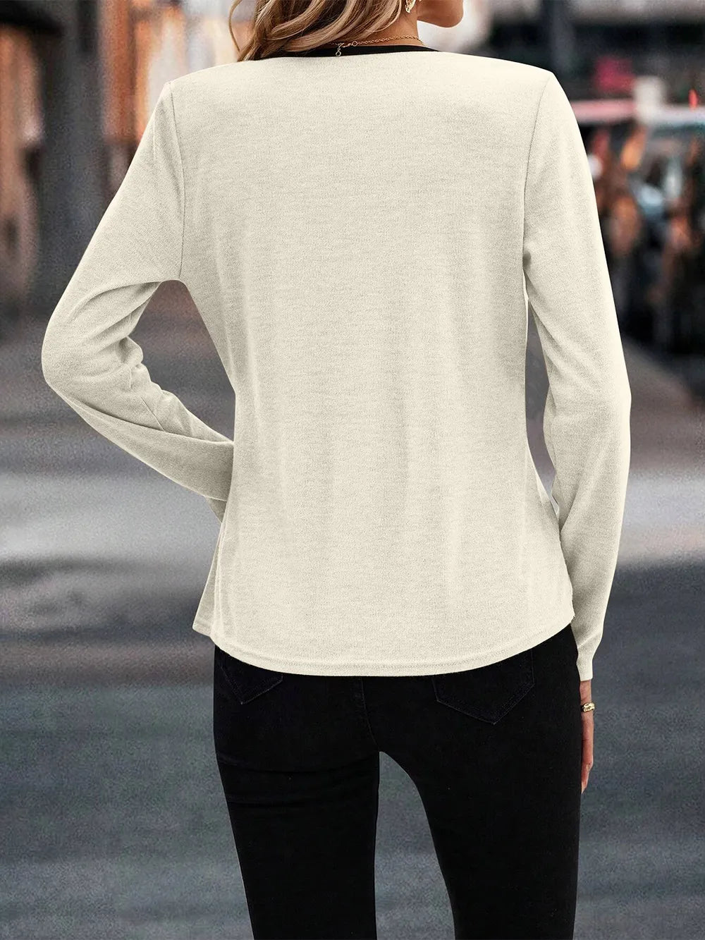 Full Size Crisscross Contrast Trim Long Sleeve T-Shirt - Lilixa.store