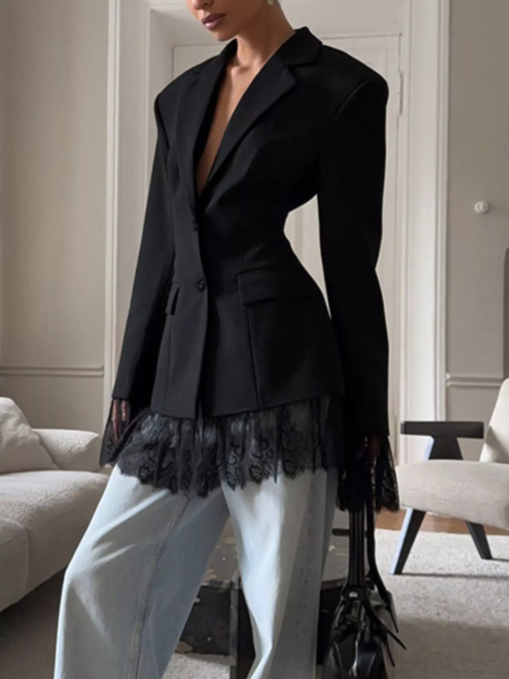 Lace Hem Lapel Collar Blazer - Lilixa.store
